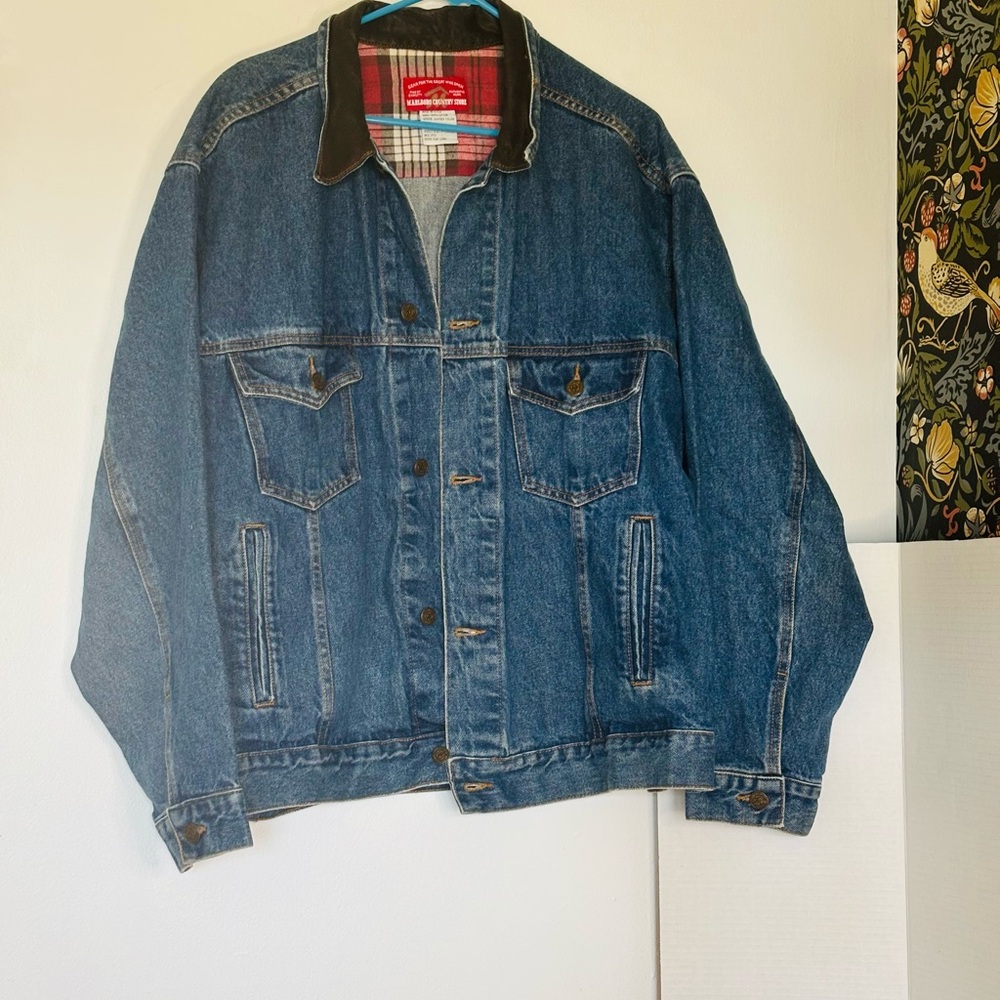 VTG 90’s Marlboro Country Store men’s denim trucker jacket sz XL leather collar